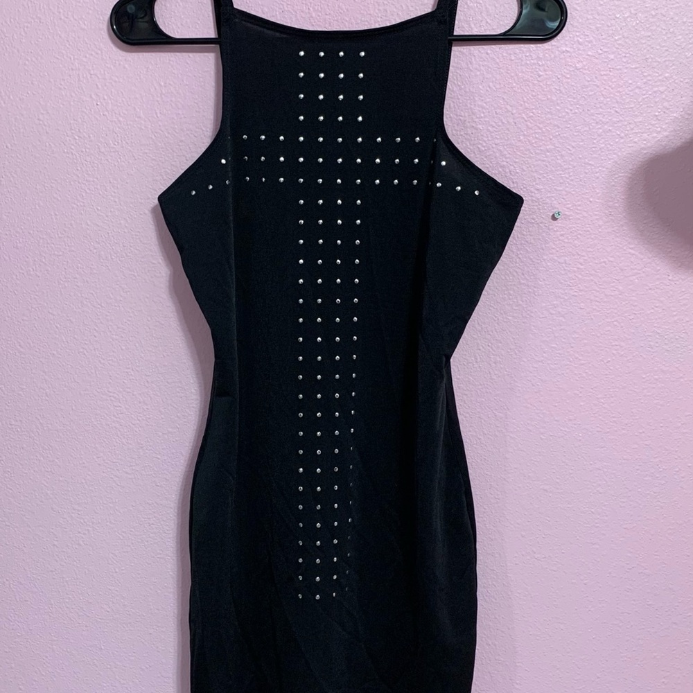 VTG Black Studded Mini Bodycon Dress S - Picture 2 of 6